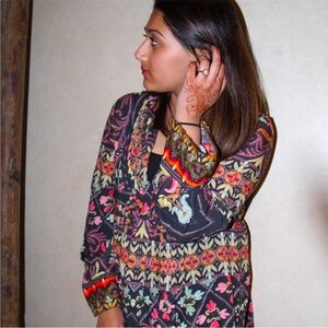 Boho HEMANT & NANDITA Flower Fairy Whimsigoth Botanical Print Dress